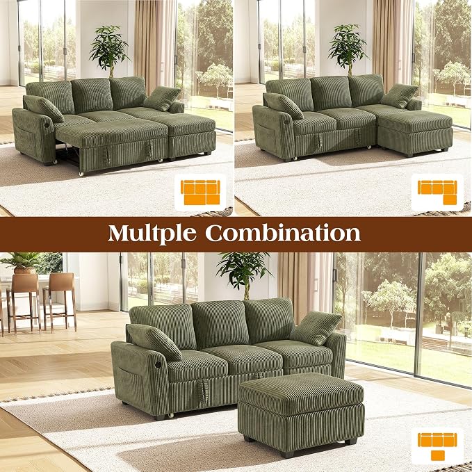 Ihanherry 81-inch Corduroy Modular Sectional Sofa Bed with Storage Ottoman & USB Port, Reversible 3-Seater L-Shaped Sleeper Sofa, Left or Right Fasing Chaise for Living Room(Green)