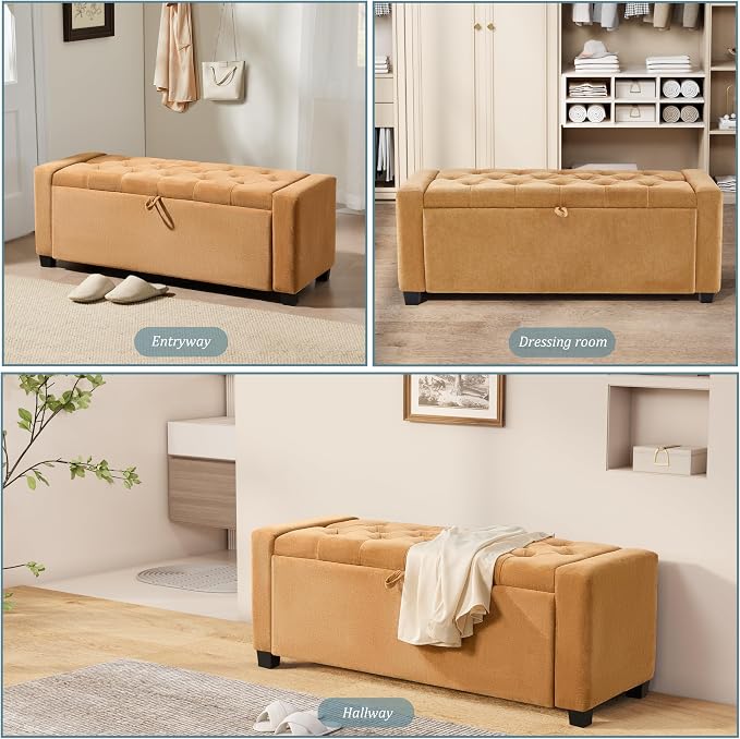 Royal Windsor Ottoman with Storage,Tufted Storage Bench with Safety Hinge,Holds up to 350 lb,Upholstered Bench with Seating for Bedroom, Living Room,Entryway,Ginger