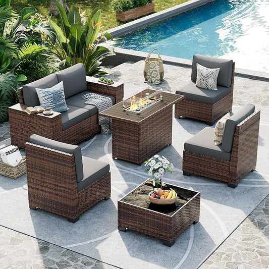 UDPATIO Patio Furniture Set with Fire Pit Table, 8 Inch Armrest 7 Piece Outdoor Sectional Sofas, All-Weather Wicker Conversation for Garden, Backyard, Brown/Dark Grey