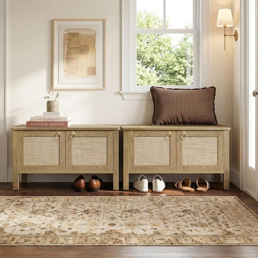 SICOTAS Rattan Storage Bench Boho Storage Chest with 2 Safety Hinges | Wood Storage Truck Box for Bedroom, Living Room, Entryway, Supports 220 lb