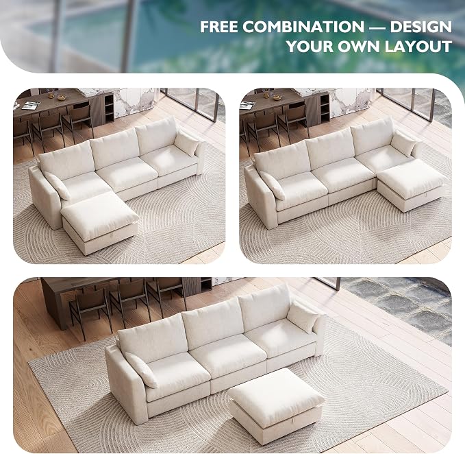 Ihanherry 117" Oversized Modular Sectional Sofa, Modern L Shaped Cloud Couch with Storage Ottoman, 4-Seat Comfy Chenille Deep Seat Sofa with 2 Pillows for Living Room, Beige
