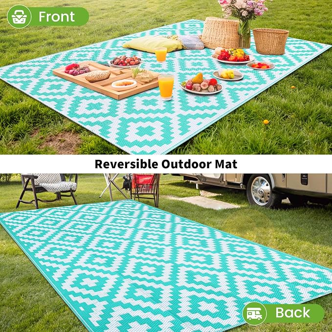 Smiry Waterproof Outdoor Rug 9X18 ft, Reversible Plastic Straw Patio Camping Rugs, Outdoor Indoor RV Mat Carpet for Patio, Outside Entry, Backyard, Deck, Bench, Picnic, Camper, White & Teal