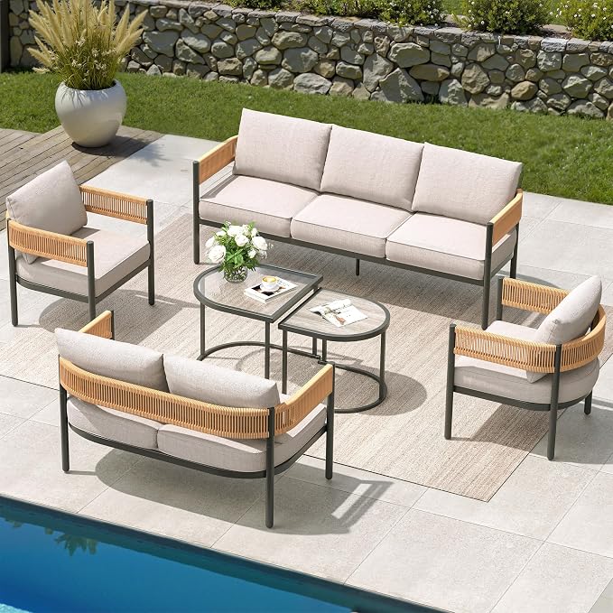 Grand patio 6-Piece Wicker Outdoor Furniture Set with 3-Seat Couch, Thick Cushions and Coffee Table, Patio Sofa Conversation Set for Backyard, Balcony, Natural