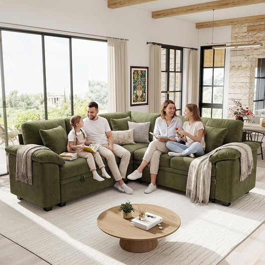 Ihanherry 86" Modular Sectional Sofa with Pull Out Bed, 5-Seater L Shaped Sectional Sleeper Couch with Storage, Chenille Convertible Couches for Living Room, Apartment (Green)