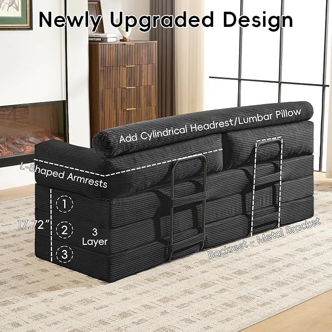 78" Boneless Couch, 5-in-1 Convertible Sofa Bed Tri Folding Mattress with Removable L-Shaped Armrests, Corduroy Futon Couch Sleeper with Pull Out Bed for Living Room Bedroom Apartment, Black