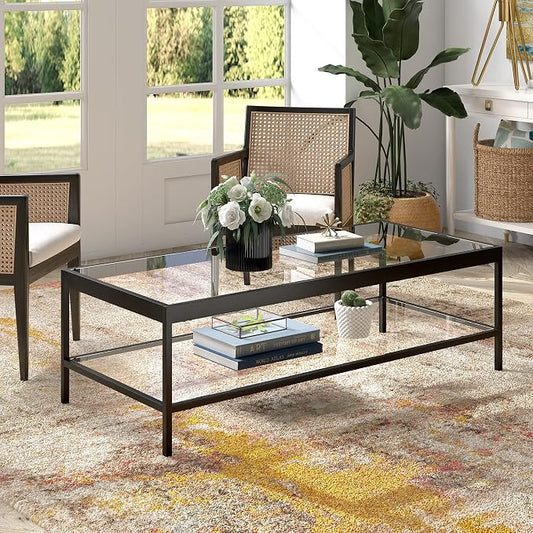 Henn&Hart 54" Wide Rectangular Rectangular Coffee Table in Blackened Bronze, Modern Rectangular Coffee Tables for living room, studio apartment essentials | Open lower shelf adds practical storage while the glass design keeps spaces feeling bright