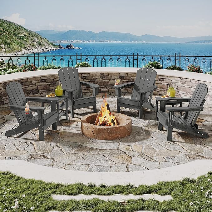 Garvee Folding Adirondack Chair Set of 5, HDPE Outdoor Patio Chair with Cup Holder, All Weather Resistent Wooden Textured for patios, Decks, Gardens, fire Pit, Grey