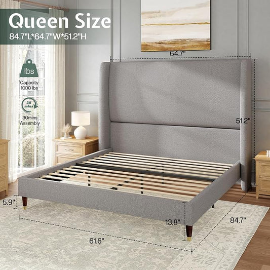 Jocisland Queen Size Bed Frame 51.2" Wingback Headboard Linen Upholstered Platform Bed,Solid Wood Legs & Wooden Slats,No Box Spring Needed,Noise-Free,for Family Guest Room Cozy Home,Light Grey
