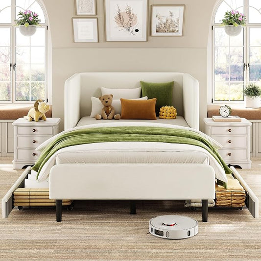 LIKIMIO Twin XL Daybed with Headboard, Corner Bed Frame with Bed Rails and Storage Drawers, Solid Support, for Bedroom Guest Room, Cream
