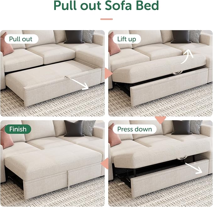 HONBAY Modular Sectional Sleeper Sofa with Pull Out Bed, L Shaped Couch with Storage Seat, Modular Sectional Couches for Living Room - Beige