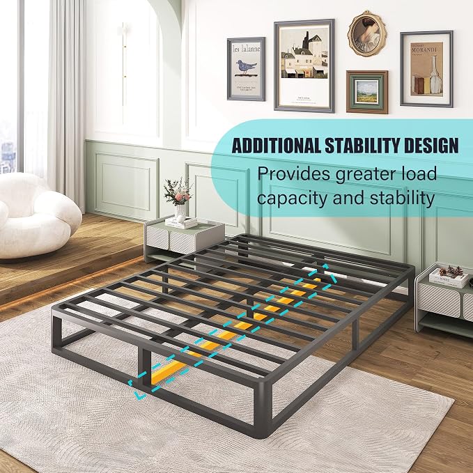 Bilily 10 Inch Full Bed Frame with Round Corner, Heavy Duty 3500 LBS Steel Slats Support with Mattress Slide Stopper, No Box Spring Needed, Noise Free, Easy Assembly