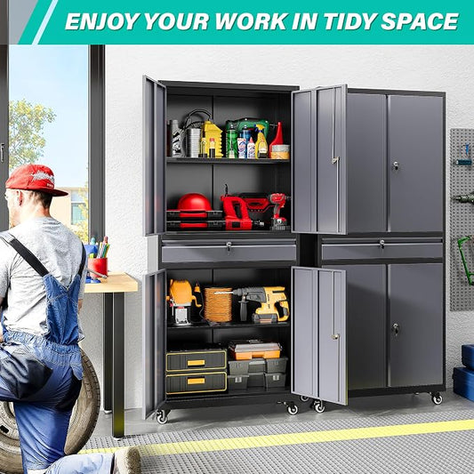 Metal Garage Storage Cabinet with Wheels and Drawer,Gray Rolling Garage Cabinet with Locking Doors and Adjustable Shelves,73" Tall Mobile Metal Storage Cabinets on Wheels for Home,Office,Garages,Tool