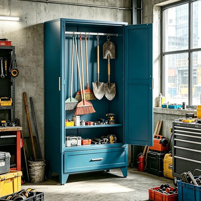 71" H Blue Closet,Armoire Wardrobe Closet,Metal Wardrobe Closet with Doors and Shelves,Large Wardrobe Closet for Bedroom