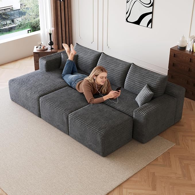 JINGLING 25.6 Inch Plush Corduroy Ottoman, Modular Sectional Foot Rest for Living Room, Upholstered Cloud Ottoman for Boneless Couch in a Box, Compressed Memory Foam, No Assembly Require, Dark Grey