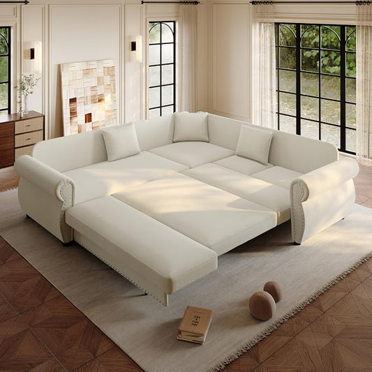 88.2" Sectional Sleeper Sofa with Pull Out Bed - Oversize L-Shaped Convertible Sleeper Couch Bed, Button Tufted Chesterfield Sofa, Chenille Vintage Couches for Living Room/Apartment(4-Seater, Beige) | Pull Out Couch Bed