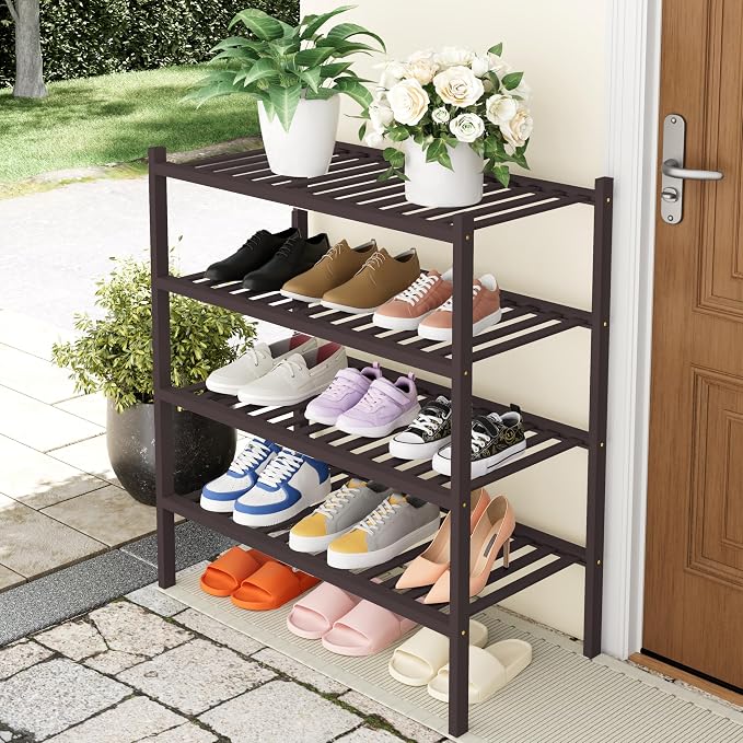 Smiry Bamboo Shoe Rack, 4 Tier Free Standing Wooden Shoe Organizer, Stackable Wood Shoe Storage Shelf for Closet, Entryway, 14 Vertical Slats, 2+2 Stack Heavy-Duty Legs, 26.8"x11"x26", Brown