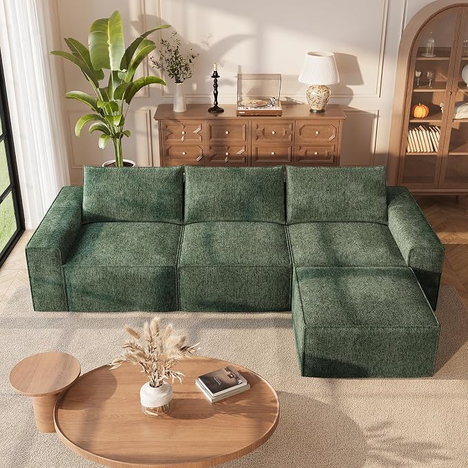 Vesgantti 114" Modular Boneless Couch, Modern 3 Seater Sectional Sofa with Ottoman & Deep Seat, Convertible Chenille L Shaped Cloud Couches for Living Room, No Assembly Required, Green