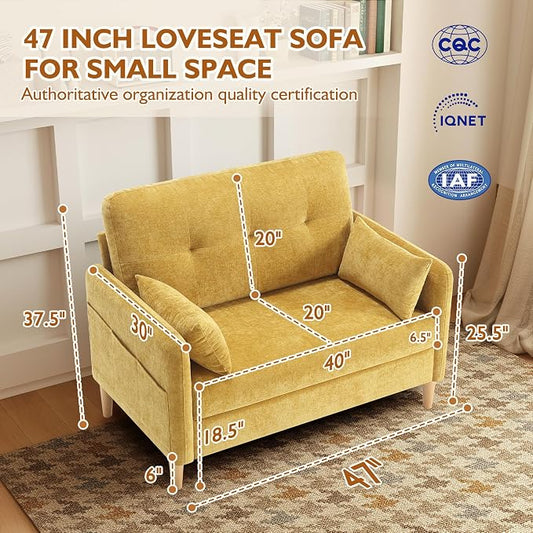 Urhanherry 47" Small Sofa Couch for Bedroom, Soft Chenille loveseat Mini Couch with Throw Pillow and Removable Cushion Cover for Small Spaces, Living Room, Apartment, Dorm, Office(Yellow)