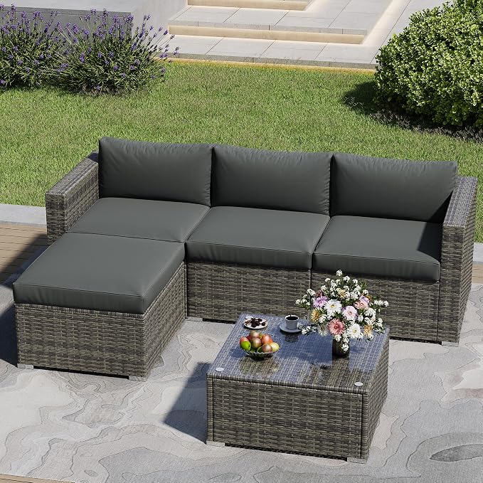 May in Color 5 Piece Outdoor Patio Sectional Furniture Set, Weather Resistant Rattan Outside Couch, Waterproof Conversation Sofa for Balcony, Porch, Backyard, Deck, Garden, Grey