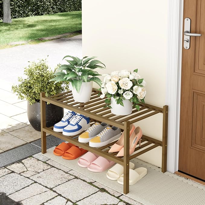 Smiry Bamboo Shoe Rack, 2 Tier Free Standing Wooden Shoe Organizer, Stackable Wood Shoe Storage Shelf for Closet, Entryway, 14 Vertical Slats, One-piece Heavy-Duty Legs, 26.8"x11"x13", Walnut