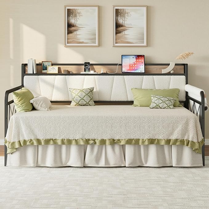 LIKIMIO Daybed with Storage Drawers, Twin Day Bed Frame with Boucle Upholstered Headboard and Charging Station, Sofa Day Bed with Strong Supports for Living Room, Bedroom and Guest Room, Cream