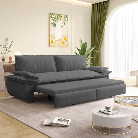 73.2" Sofa Bed Queen Size, Pull Out Couch Bed, 3-in-1 Convertible Sleeper Sofa with Cushion Armrest, Modern Corduroy Futon Couch for Living Room, Small Space, Apartment, Bedroom, Dark Grey