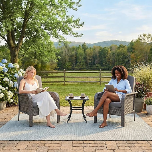 Garvee Outdoor Wicker Chairs,2 Pieces Patio Furniture Set,All Weather High Back Rattan Chairs with High Back&Deep Seating for Deck Porch Balcony Backyard Garden,Grey Rattan & Grey Cushion
