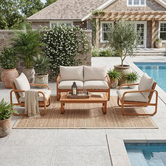 VilroCaz Acacia Wood 4-Piece Patio Conversation Set, All Weather Sectional Sofa Set w/ 2 Chairs, Loveseat & Table, Outdoor Furniture Set with Woven Rope Accents and Cushions for Backyard Pool