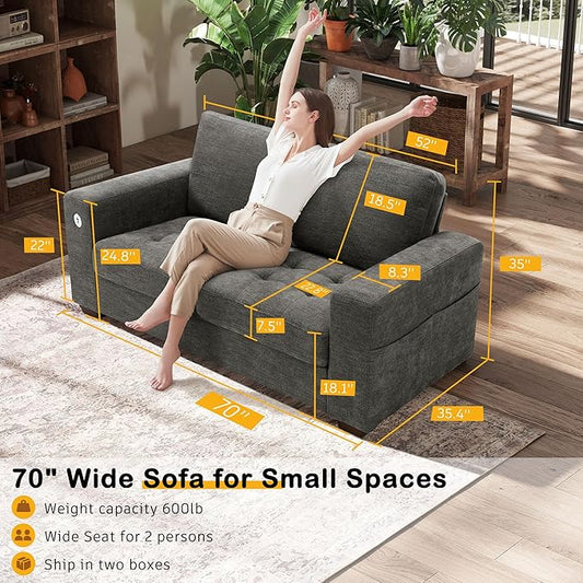 Hanherry 70" Sofa for Living Room, Modern Comfy Couch with Medium Firm Seat Cushion, Removable Cover,Wide Armrest,USB/Type-C Port,Chenille Fabric Couches for Small Space,Apartment