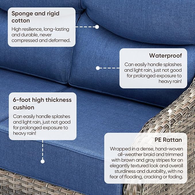 Luxury Patio Sofa 3-Seat Wicker Couch with 6" Thick Cushion - Outdoor Furniture Rattan Sofa with Deep Seating High Back Outdoor Sofa for Patio Garden Balcony Sunroom Backyard, Grey | Blue