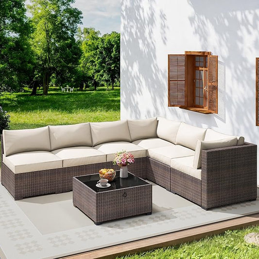 7 Piece Outdoor Patio Furniture Set, Outdoor Sectional Furniture, Rattan & Wicker Modern Modular Conversation Set Sectional Sofa W/Water Resistant Washable Thick Cushions and Coffee Table, Brown/Beige