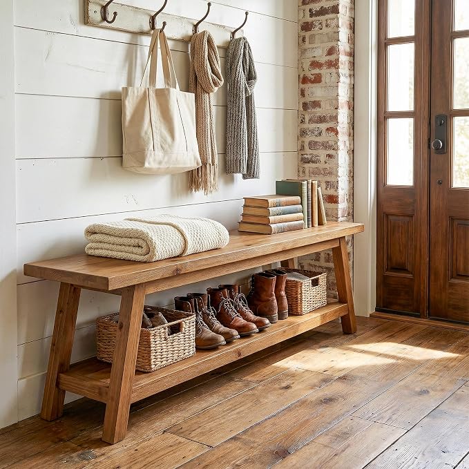 Solid Wood Entryway Bench with Shoe Storage Shelf, 62.99" Long Rustic Hallway Shoe Bench, Natural Wood Mudroom Window Seating, 400 lbs Capacity