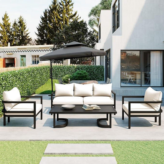 VilroCaz 4-Piece Outdoor Steel Sofa Set, All Weather Patio Conversation Set with 1 Love Sofa, 2 Single Sofas, Coffee Table, Waterproof Cushions, Suitable for Backyard, Poolside Gardens (Beige-Z)