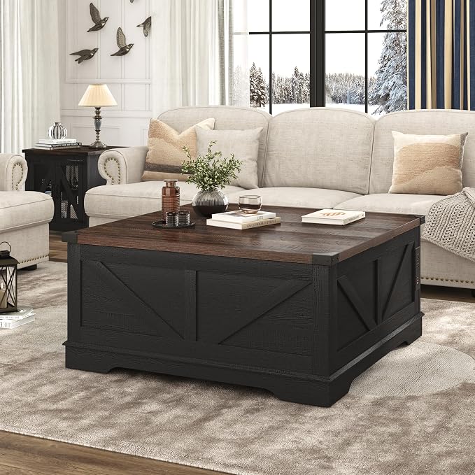 Hlivelood 40” Large Farmhouse Lift Top Coffee Table with Power Outlets and Large Hidden Storage, Square Wood Living Room Tables, Multi-Function Lift Wooden Barn Door Center Table, Black