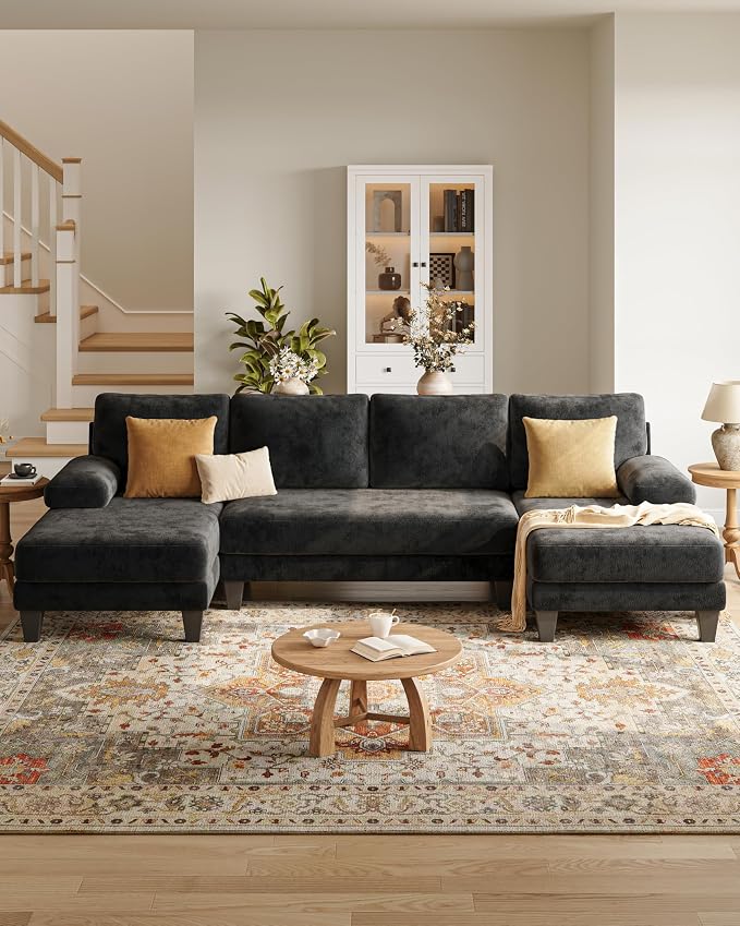 U-Shaped Sectional Couches for Living Room | 112 Inch Modern Sectional Couch | Black Chenille Sofa with Double Chaise for Apartment
