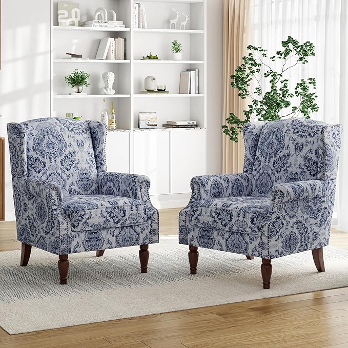 Pia Ricco High Back Floral Accent Chair - Retro Wingback Upholstered Armchair with Nailhead Trim, Solid Wood Legs, Fabric Living Room Bedroom Reading Chair (Flower Navy)