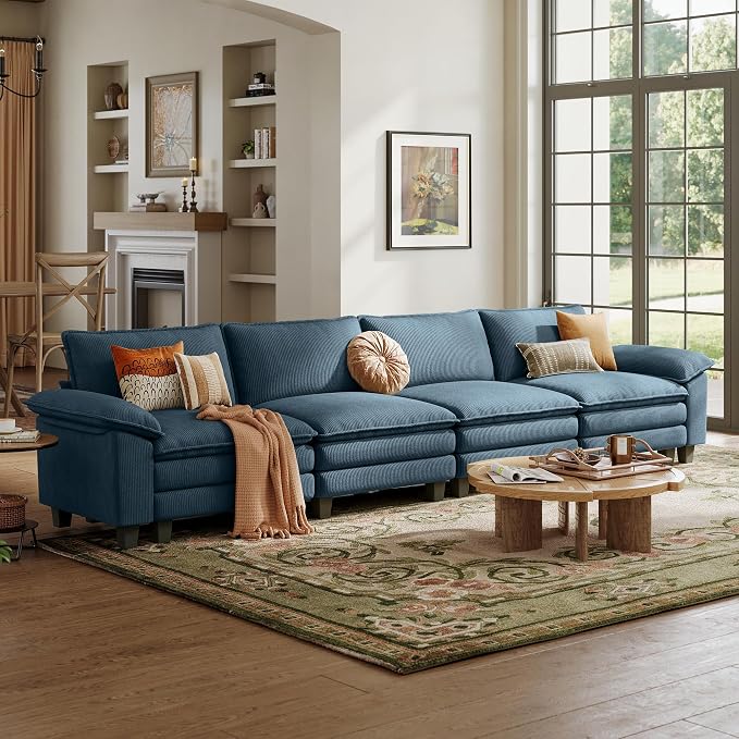 LINSY HOME 157'' Modular Sectional Sofa 4 Seat Couch Corduroy Cloud Couch with Deep Seat, Modern Cloud Couch for Living Room, Office, Bedroom, Blue