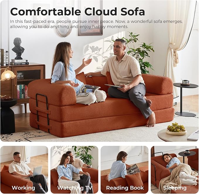 79" 5-in-1 Convertible Sofa Bed No Assembly, Boneless Couch Bed with High Density Foam, Foldable Sleeper Sofa, Corduroy Modular Couch for Apartment, Studio, Dorm Room, Small Space, Orange