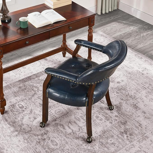 LEEMTORIG Large Dining Chairs with Casters and Arms, Rolling Dining Chairs with Wheels, Solid Wood Boss Caption's Chairs Office Desk Chairs, 26" D x 25.2" W, Espresso Legs & Dark Blue PU SY-318-LB
