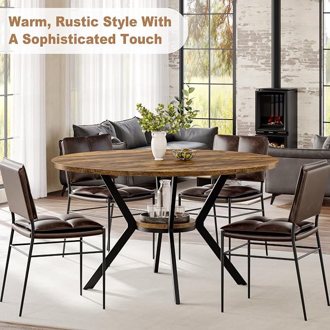 MECHYIN Round Dining Table for 2-4, 42 Inch Wood Kitchen & Dining Room Tables with Storage, Circle Dinner Table with Metal Legs, Space Saving Small Table for Dining Room, Kitchen, Rustic Brown