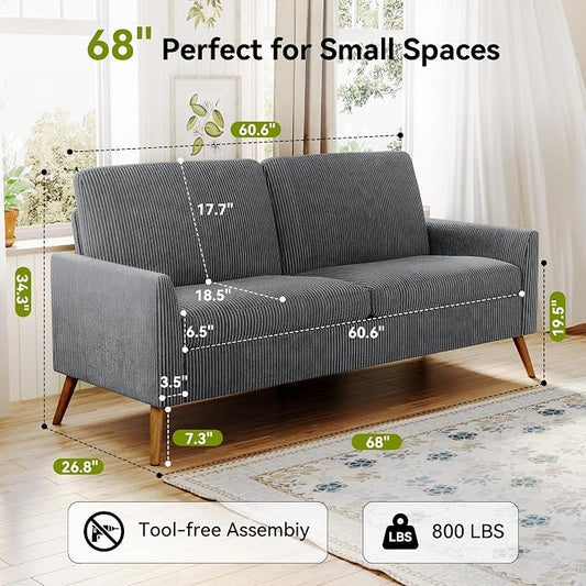 68" Loveseat Sofa, Comfy Grey Corduroy Couches for Living Room, Mid Century Modern Love Seat Sofa, Tool-Free Setup Small Couches for Bedroom Office