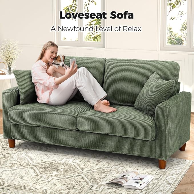 Kidirect 70in Corduroy Couch, Sofas for Living Room No Tool Assembly, Comfy Couches for Living Room 21in Deep Seats, Oversized Loveseat Sofa with 2 Pillows, 3 Seater Couch for Bedroom, Green Sofa