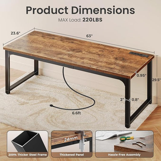 Huuger 63 x 24 inch Desk with Power Outlets & USB-C, Deeper & Thicker Desktop, Robust Metal Tubes, Computer Desk, Heavy Duty Office Desk, Work Gaming Desk, for Home Office, Rustic Brown