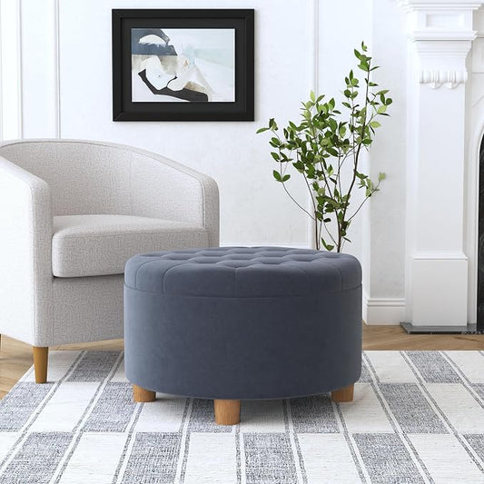 HomePop 28" Button Tufted Velvet Round Storage Ottoman - Steel Blue Velvet