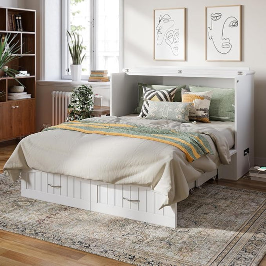 AFI, Southampton Murphy Bed Chest Full with 6" Mattress, Built-in USB Charger & Storage Drawer, White