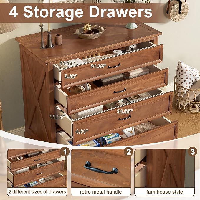 Harper & Bright Designs 4 Piece Bedroom Set, Farmhouse Queen Size Bedroom Furniture Sets with Wooden Platform Bed Frame, Bedroom Furniture Sets with 2 Storage Nightstands and Dresser, Walnut