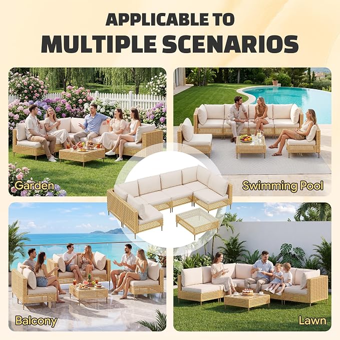 LHBcraft 7-Piece Wicker Outdoor Patio Furniture Set, Modular Rattan Outdoor Furniture, Patio Conversation Sets, Handmade Rattan, Water Resistant Fluffy Cushions and Coffee Table, Brown
