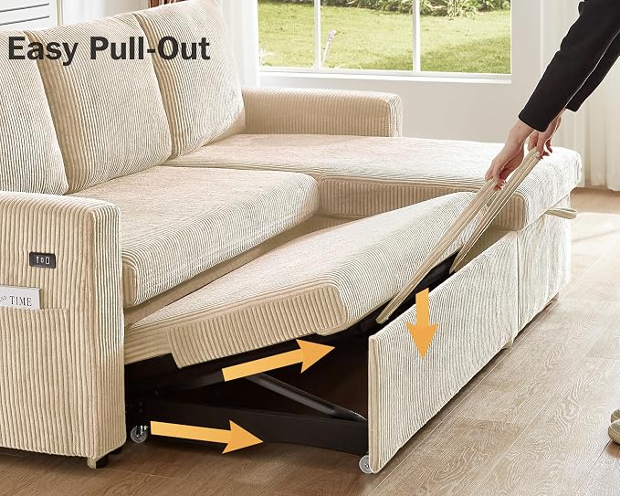 Vipbear 104" Sectional Sleeper Sofa Bed with Pull Out Bed, U Shaped Couch Pull Out Couch with Reclining Backrest, Reversible Storage Chaise, USB Ports, Tool-Free Assembly, Corduroy Beige