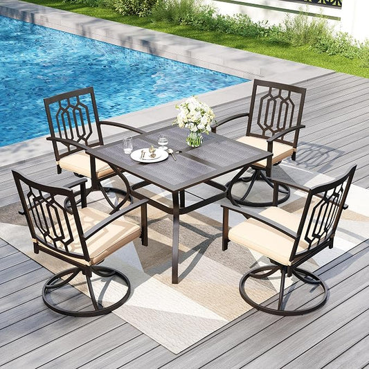 PHI VILLA 5 Pieces Outdoor Dining Set for 4, 37” Square Wrought Iron Table with Mesh Tabletop & Swivel Metal Steel Chairs with Cushions, Outside Furniture Set for Patio, Porch, Deck, Backyard