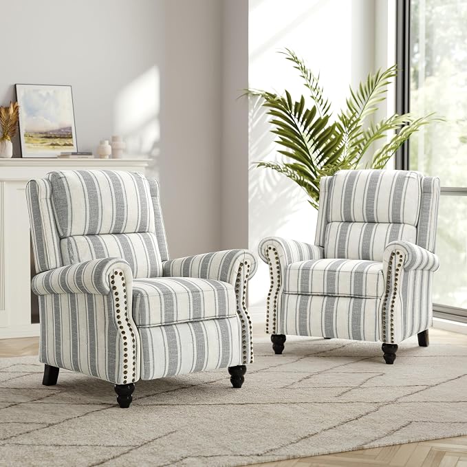 Recliner Chair, Modern Pushback Armchair with Adjustable Backrest & Footrest for Bedroom, Living Room (Grey Stripe,Set of 1)